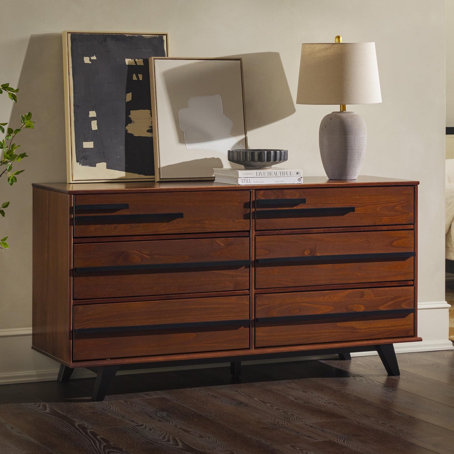 Walker Edison Malhia Contemporary Minimalist Solid Wood 6-Drawer Dresser, 60 Inch, Walnut