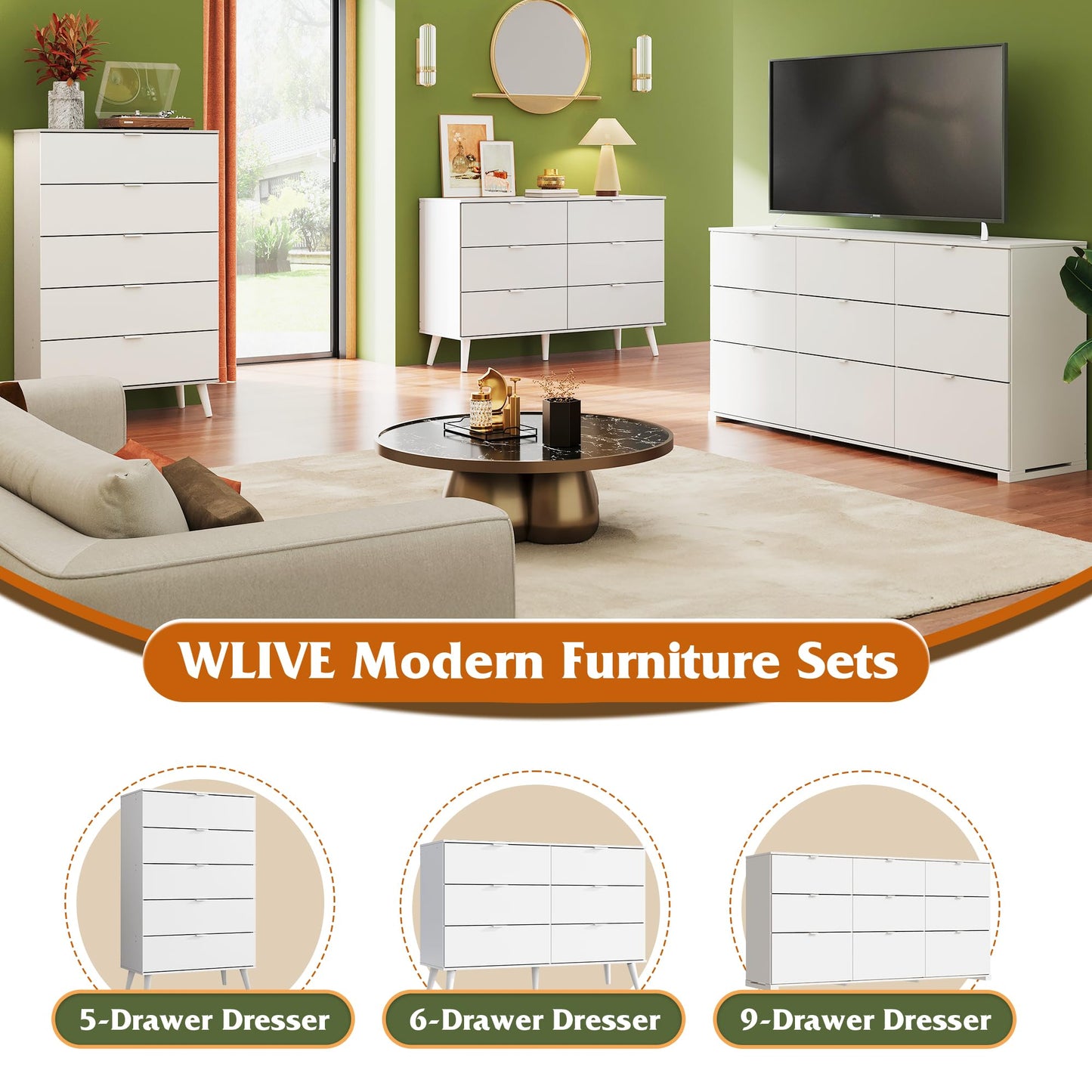 WLIVE 5 Drawer Dresser for Bedroom, Tall Wood Dresser, White Dressers Storage Organizer with Sturdy Metal Handle, Chest of Drawers for Living Room, Hallway, Closet