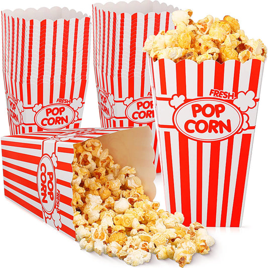 Xinnun 100 Pcs Popcorn Boxes 32oz Classic Stripe Paper Buckets Disposable Oil Proof Popcorn Container Retro Open Top Box for Movie Night Supplies Theaters Carnival Birthday Party(Red and White)