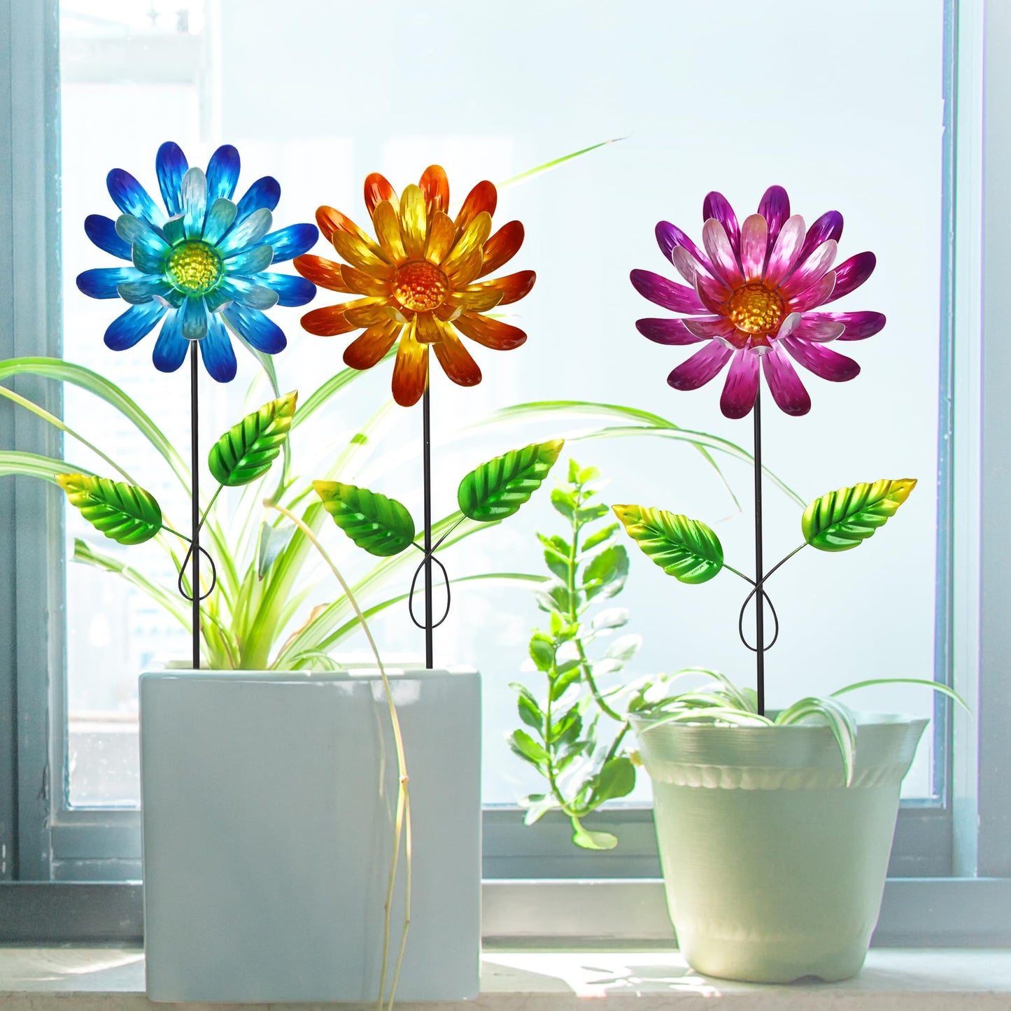 Voltogar Metal Flower Garden Stake for Outside, 3 Pcs 16" H Outdoor Garden Stakes Decor, Yard Outdoor Ornaments for Patio, Lawn, Patio(Yellow & Purple & Blue)
