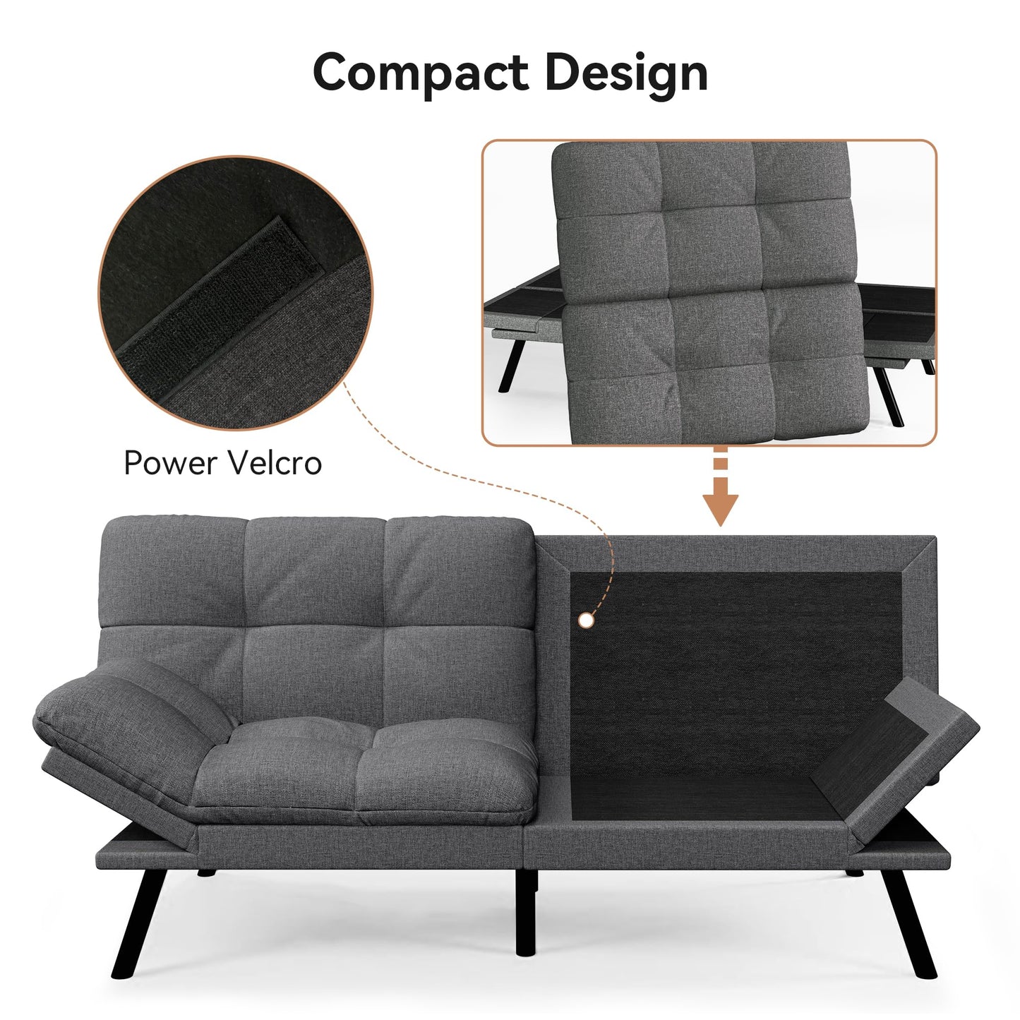 Vyfipt Convertible Futon Sofa Bed, 71" Memory Foam Futon Couch with Detachable,Adjustable Backrest,Linen Fabric Folding Small Loveseat Sleeper for for Living Room,RV,Office,Apartment,Light Grey