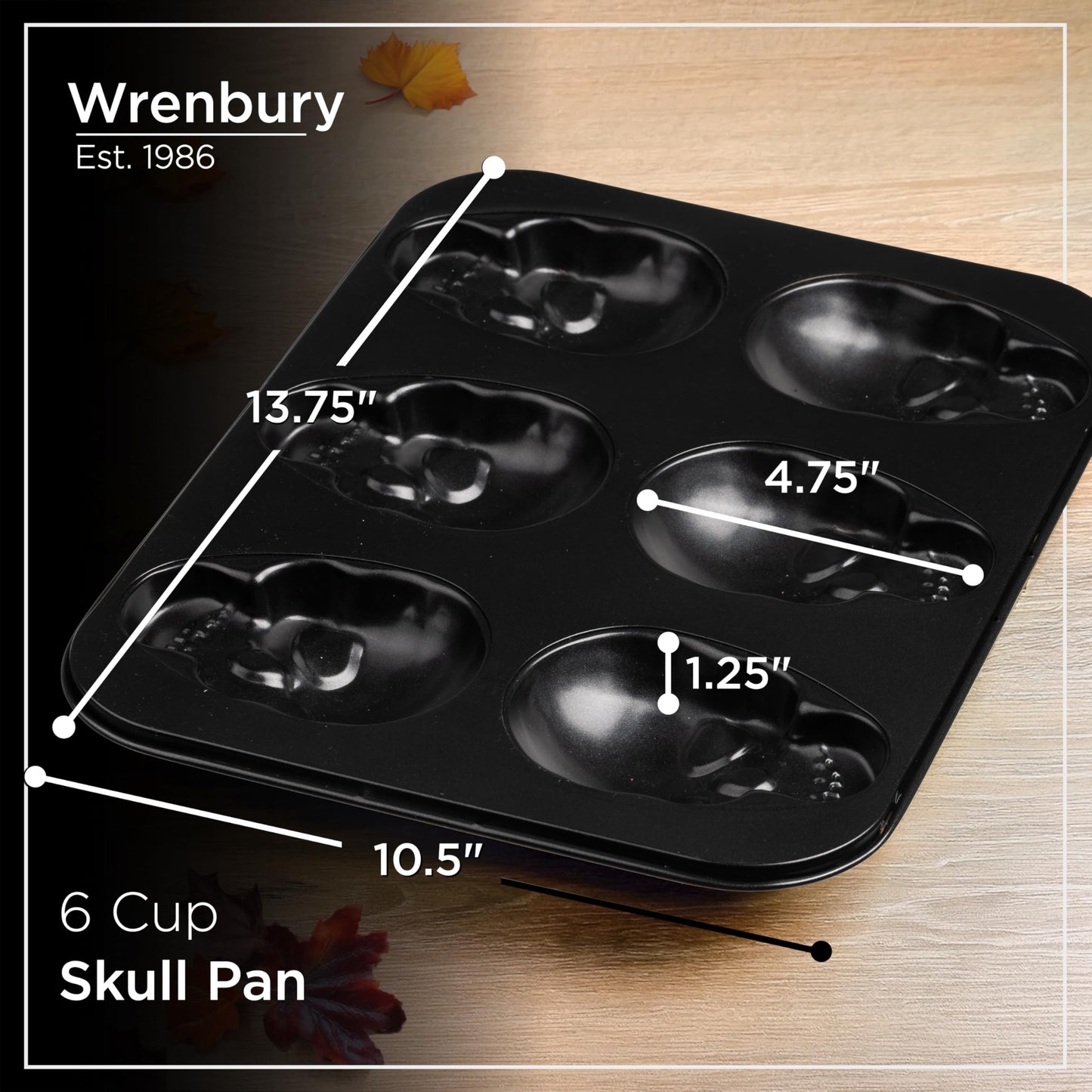 Wrenbury Large Skull Cupcake Baking Pan - Non Stick 6 Cup Spooky Treat Cake Tin - Bake a Halloween Masterpiece - Non Toxic and Effortless Cleaning - 4.75" Cup