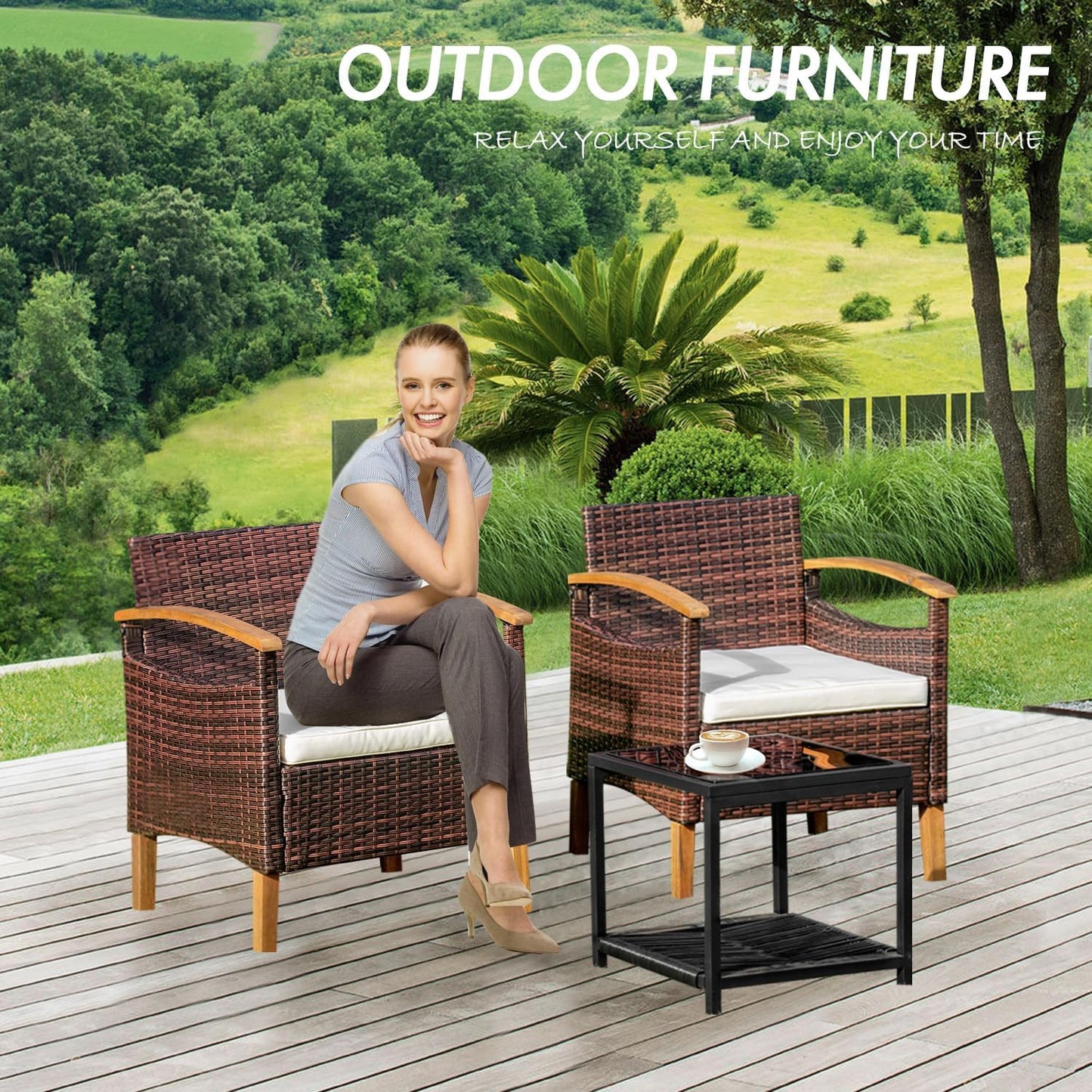 YEEFY 3PCS Outdoor Patio Furniture Set Outdoor Furniture Set with Table Outside Lawn Patio Chairs Set of 2 Patio Conversation Sets Bistro Wicker Patio Set for Backyard Porch Balcony Garden (Brown)