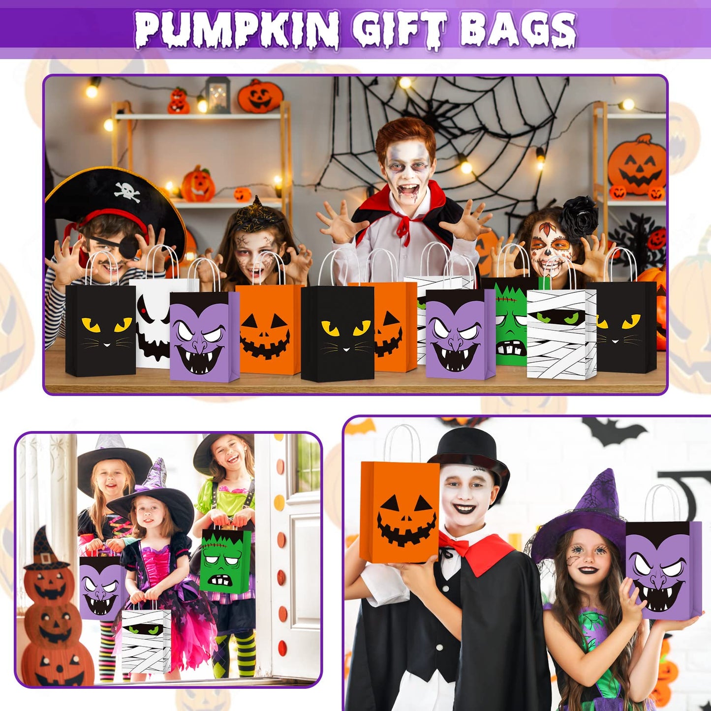 24 Pcs Halloween Treat Bags Halloween Paper Gift Bags with Handles Candy Bags Goodie Bags for Holiday Treats Snacks Kids Halloween Party Favors Supplies (Vivid Style)