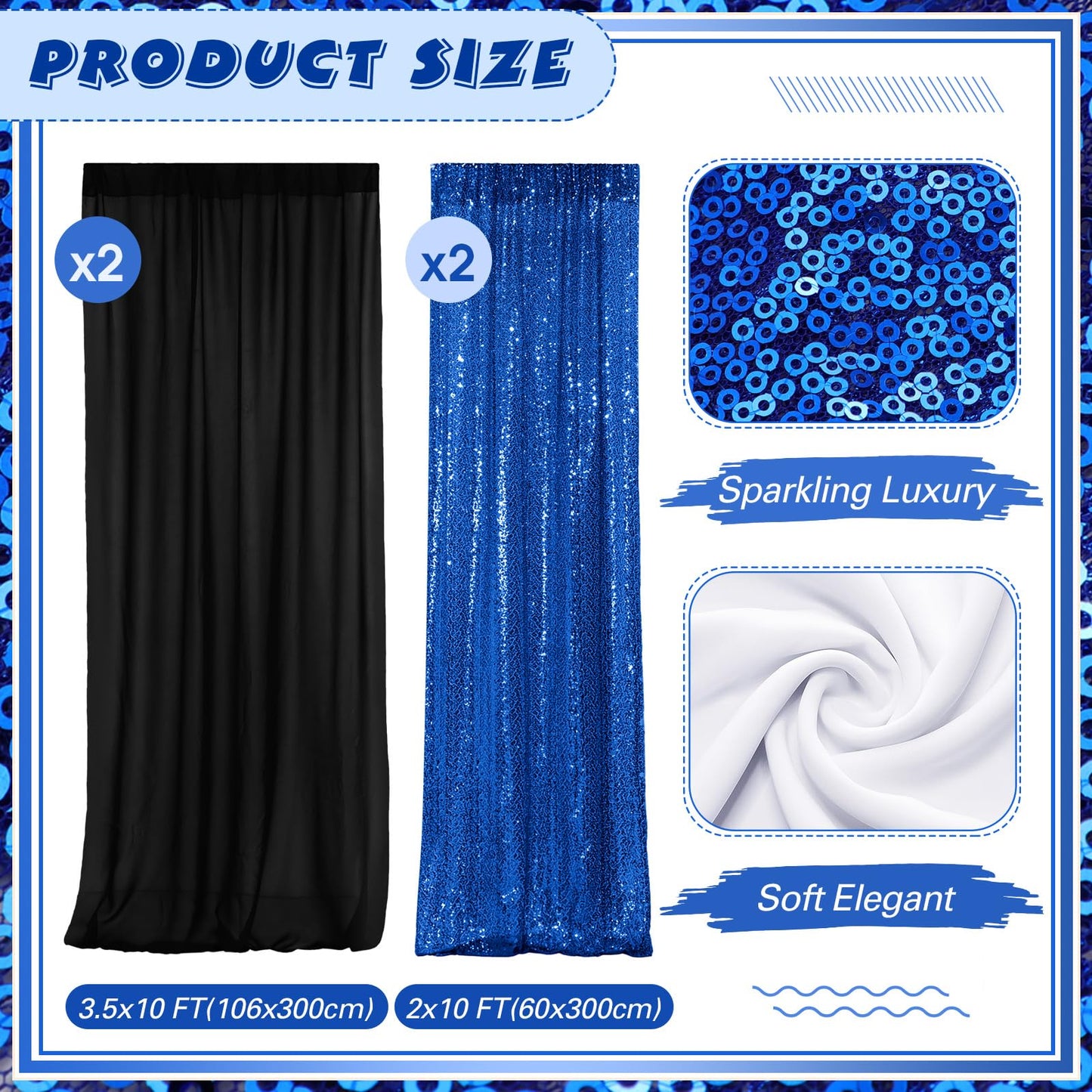 VitalCozy 4 Panels Backdrop Curtains 2 Pcs 4 x 10 ft Sequin Glitter 2 Pcs 7 x 10 ft Chiffon Photo Background Curtains for Wedding Birthday Party Decorations(Black, Royal Blue)