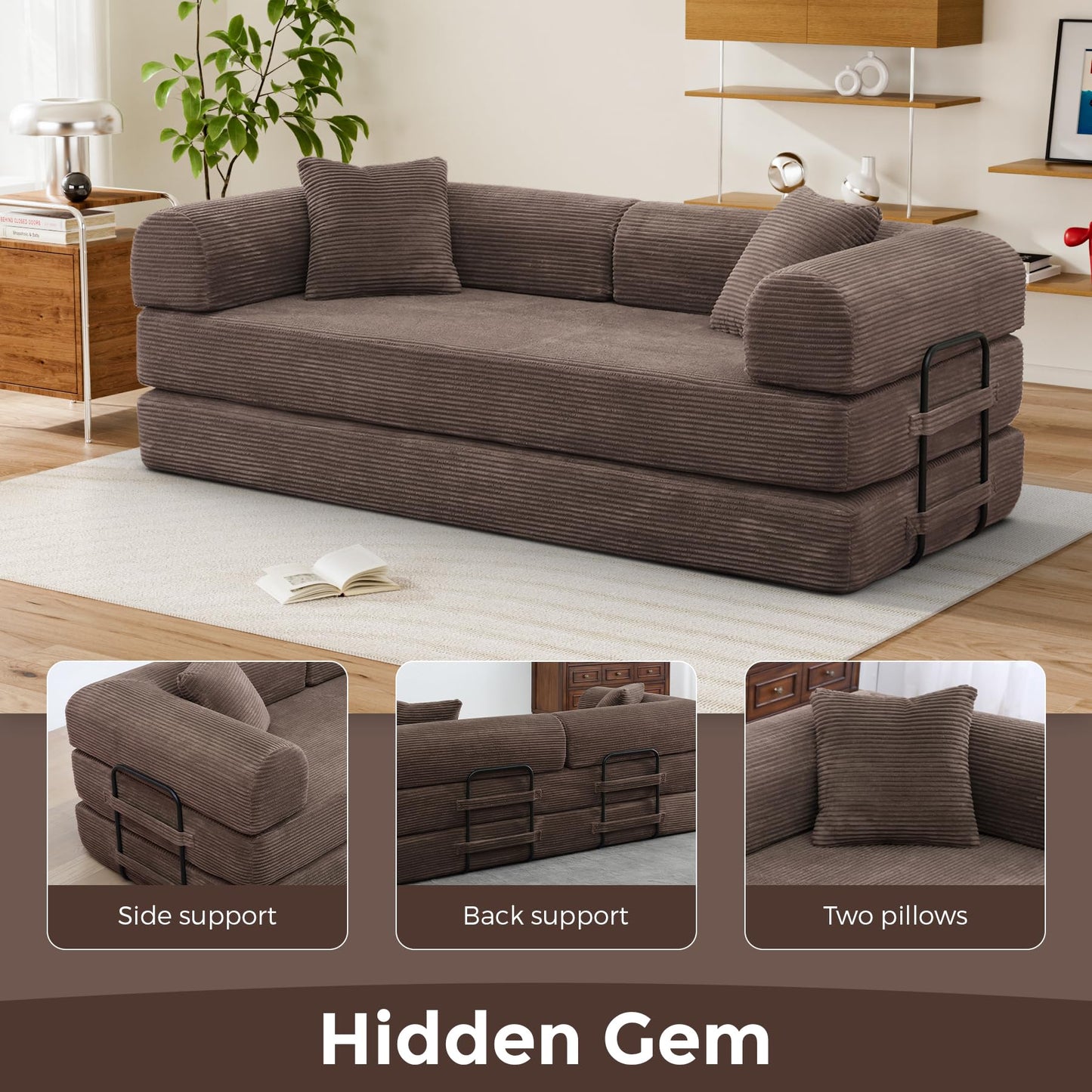 VYNELITO Comfy Convertible Sleeper Floor Sofa Bed, Corduroy Folding Mattress Couch with Fixed-Shape Frame, Floor Sofa with Armrest, Lounge Couch for Living Room Bedroom Lounge Studio,Brown