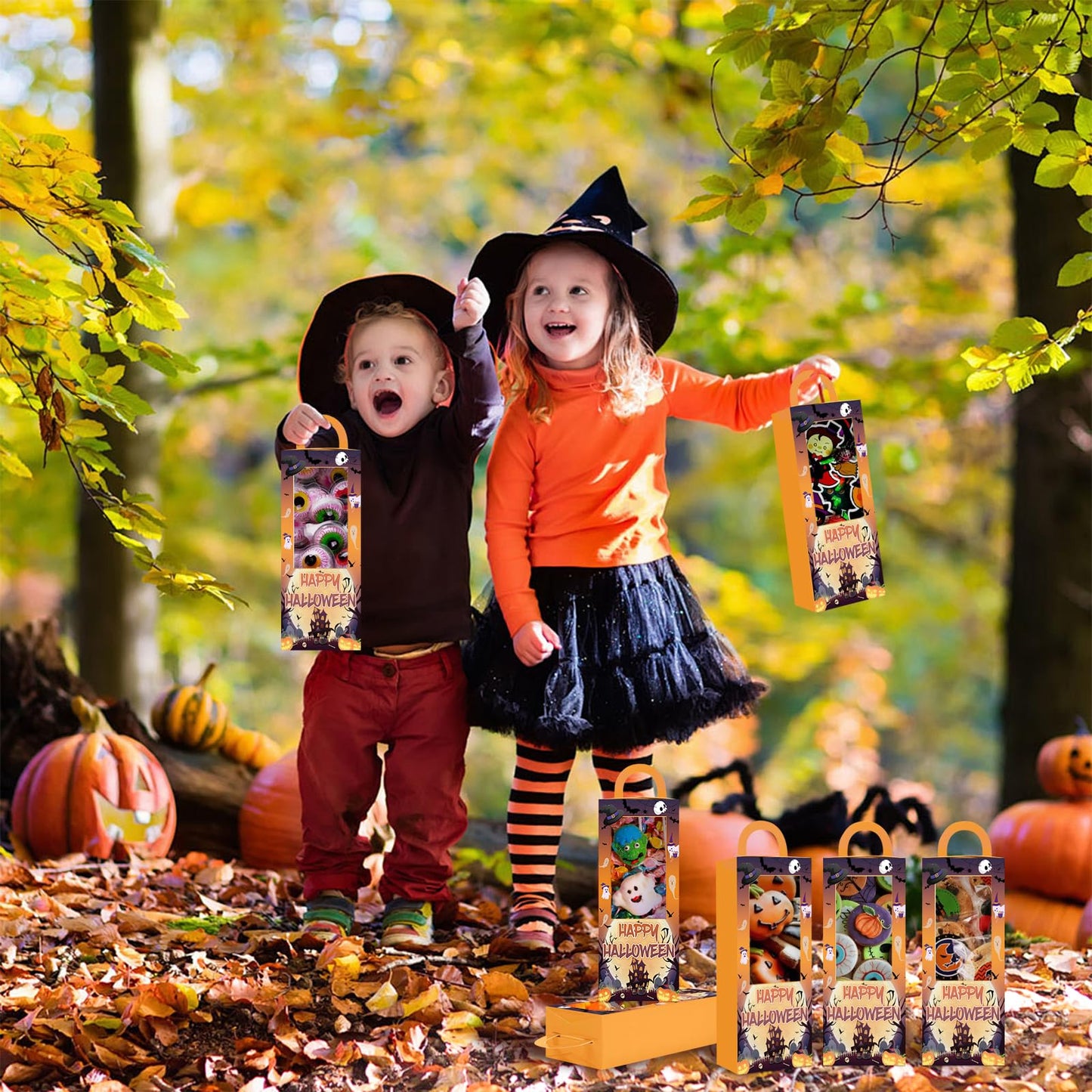 12PCS Halloween Party Favor Boxes Trick or Treat Gift Candy Boxes Happy Halloween Goodie Bag for Birthday Party Decor Supplies (4.8 x 4.8 x 9.5 in)