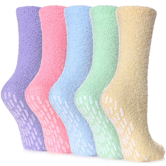 Yebing Non Slip Hospital Socks for Women with Grips Fuzzy Cozy Anti Skid Slipper Socks Winter Warm Soft Fluffy Sleep Socks 5 Pairs Non Slip Rainbow A