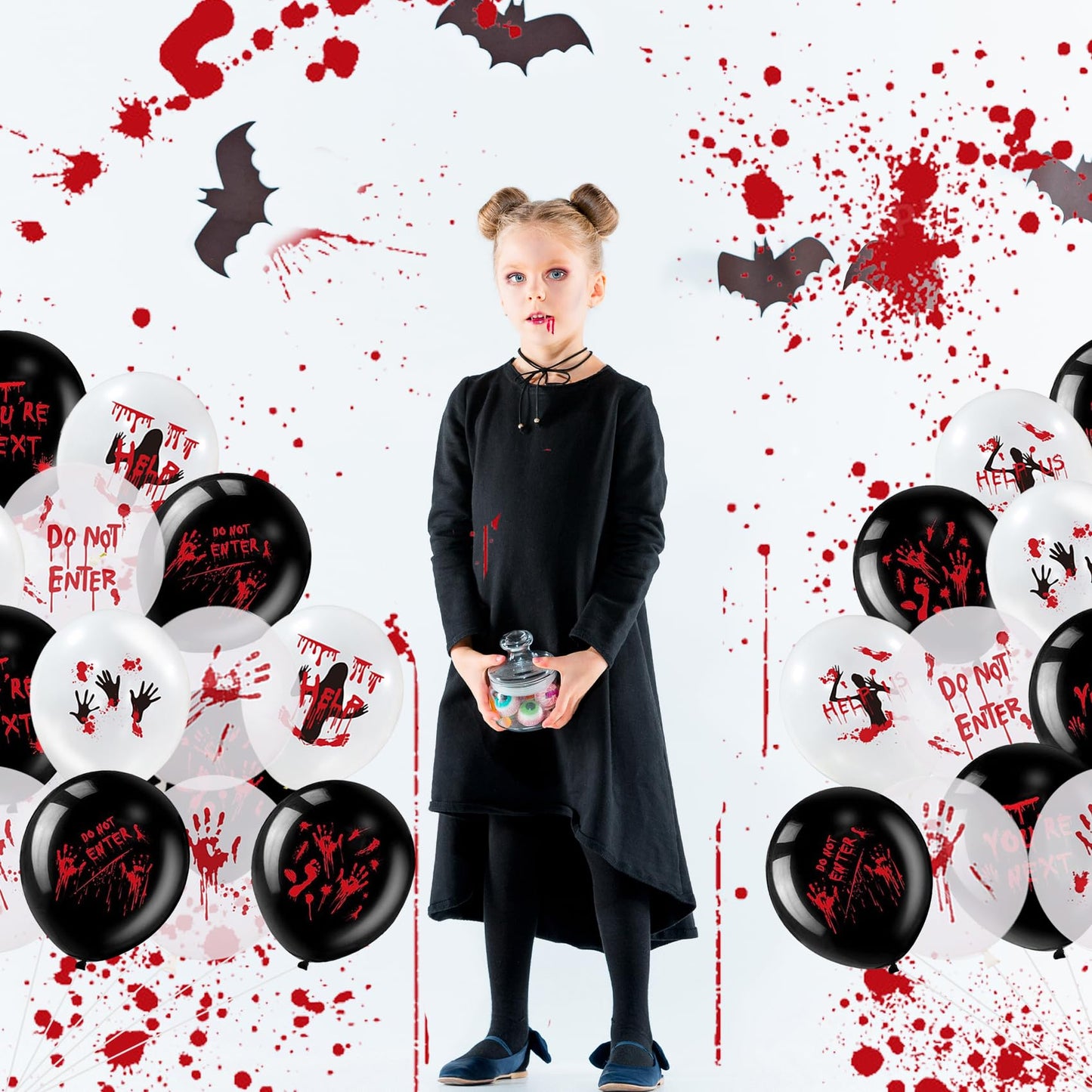 54PCS Halloween Balloons Bloody Balloons Black White Red Blood Splatter Balloons Handprint Latex Balloons Horror Zombie Latex Balloons Halloween Party Favor Scary Party Decoration