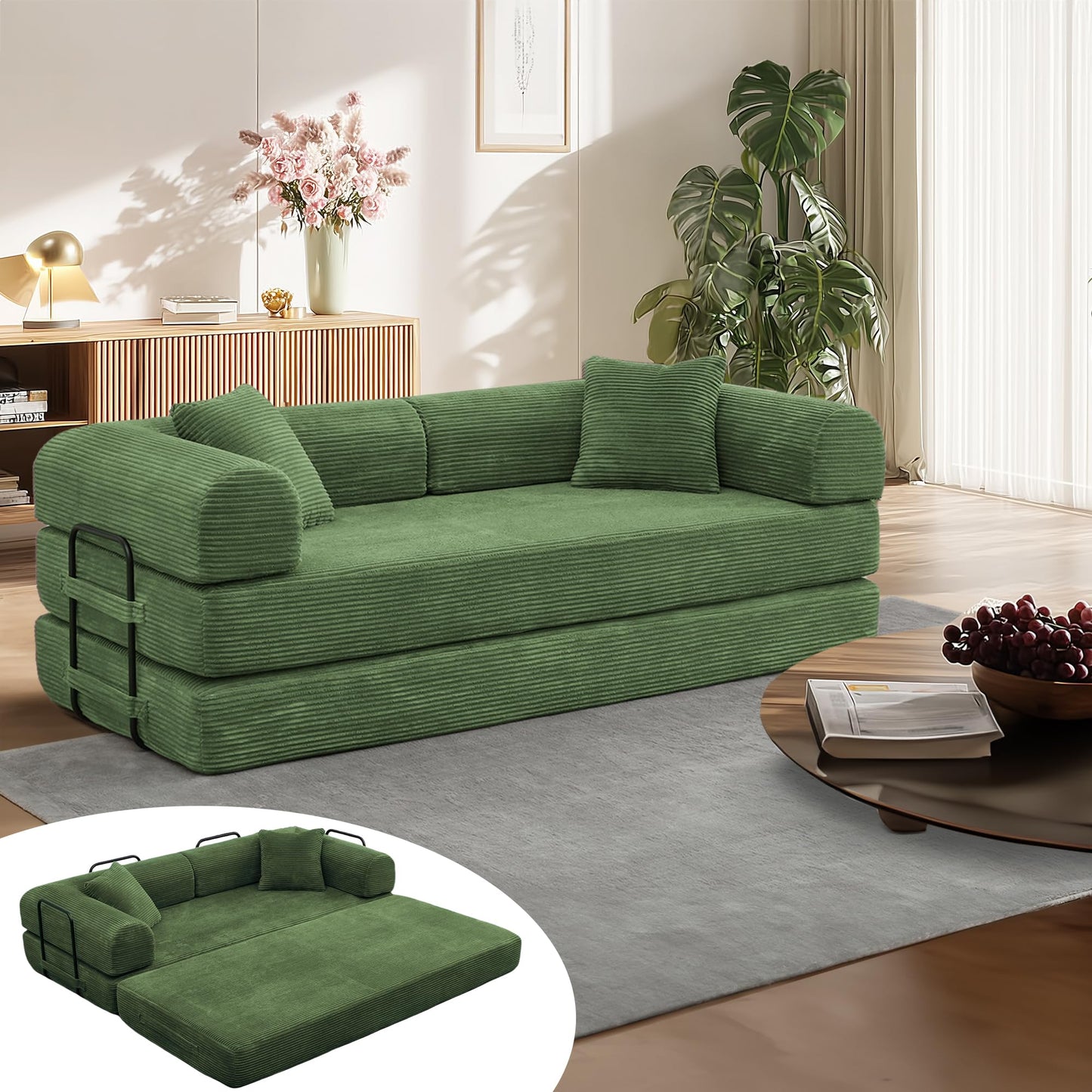 78'' Convertible Floor Sofa Bed, Comfy Foldable Sofa Bed, Modular Sectional Fold Couch with 2 Pillows and Fixed-Shape Frame, Lounge Couch for Living Room Bedroom Lounge Studio (A-Green)