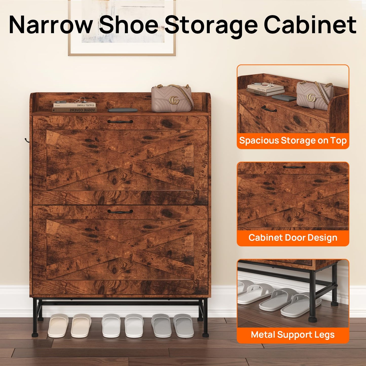 Walmokid Shoe Storage Cabinet for Entryway, Narrow Shoe Cabinet with 2 Flip Drawers, Freestanding Shoe Organizer with Open Storage for Living Room, Entryway, Foyer, Hallway(Rustic Brown,1 Pack)