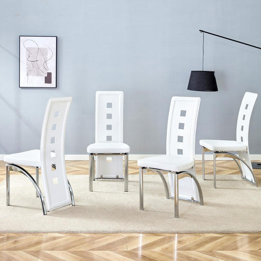White Dining Chairs Set of 4, Modern Dining Room Chairs Set of 4, Upholstered PU Leather Kitchen Chairs with Silver Metal Legs, High Backrest Armless Seating for Kitchen, Dining Room