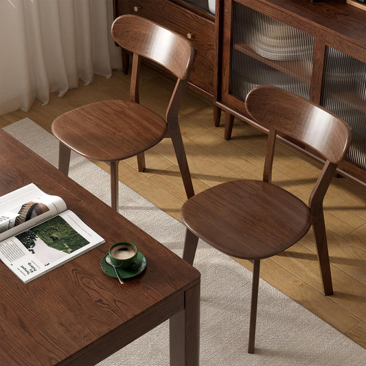 100% Solid Wood Dining Chairs Set of 2, Mid Century Modern Dining Chairs with Curved Backrest, Wooden Desk Chair with Solid Rubber Wood Frame for Kitchen, Dining Room, Study, Living Room, Walnut (2PK)