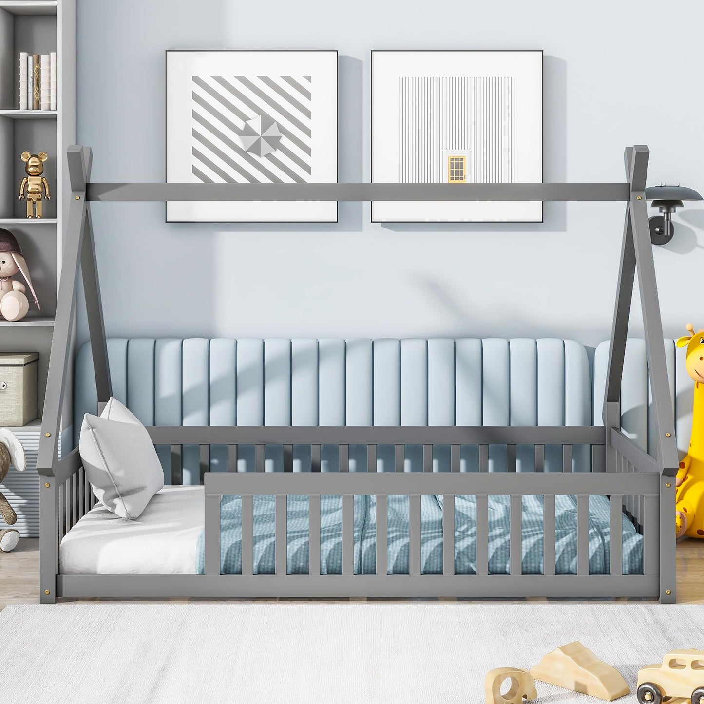 Wekuku Twin Tent Shaped Floor Bed for Kids – Teepee with Guardrails Slats, Grey – Low Profile Bed Frame for Bedroom, Playroom, Nursery