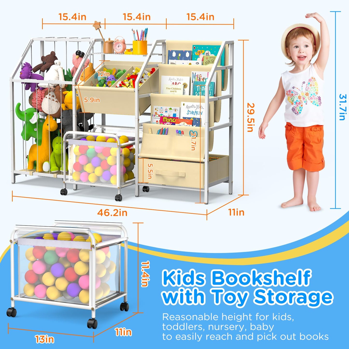 VORTULIUK Kids Bookshelf and Toy Storage, 3 Tier Sling Montessori Bookcase with Toy Organizer & Stuffed Animal Storage, Children Baby Toddler Book Shelf for Kids Rooms Nursery Bedroom Playroom, White