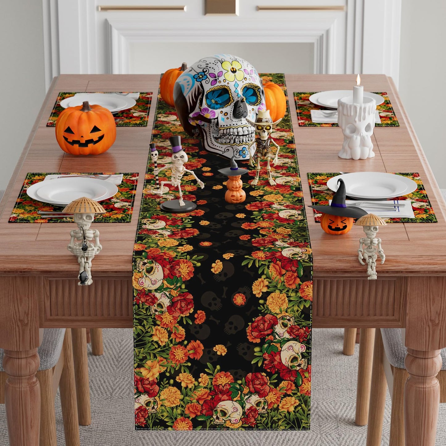 XCHI Sugar Skull Marigolds Floral Dia De Los Muertos Table Runner Day of The Dead Mexican Table Decoration for Home Kitchen Dining Holiday Fiesta Themed Party Decor 13x72 Inch