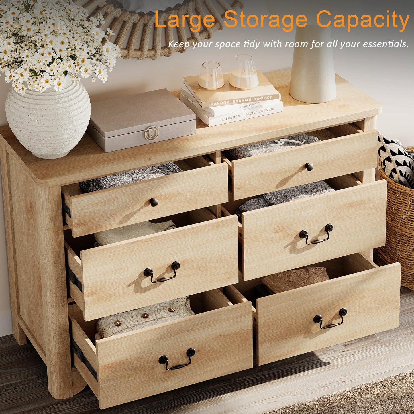 WAMPAT Oak Dresser for Bedroom with 6 Drawers, 47.2" Wide Farmhouse Dressers Chests of Drawers with Curved Profile Design, Wood Closet Organizer for Bedroom, Hallway