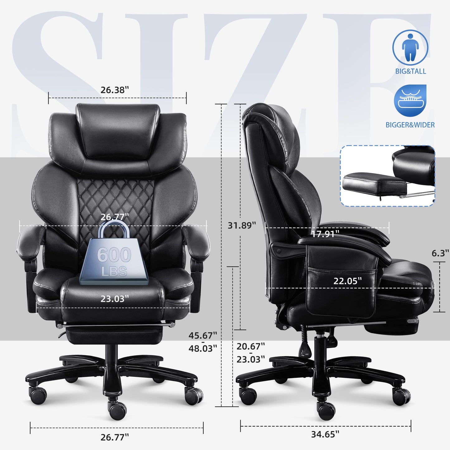 3D Kneading Massage Office Chair, Oversized 600LBS Big and Tall Executive Office Chair with Footrest, Reclining Computer Chairs, Wider Upholstered Seat Ergonomic Desk Chair for Home Office,Black