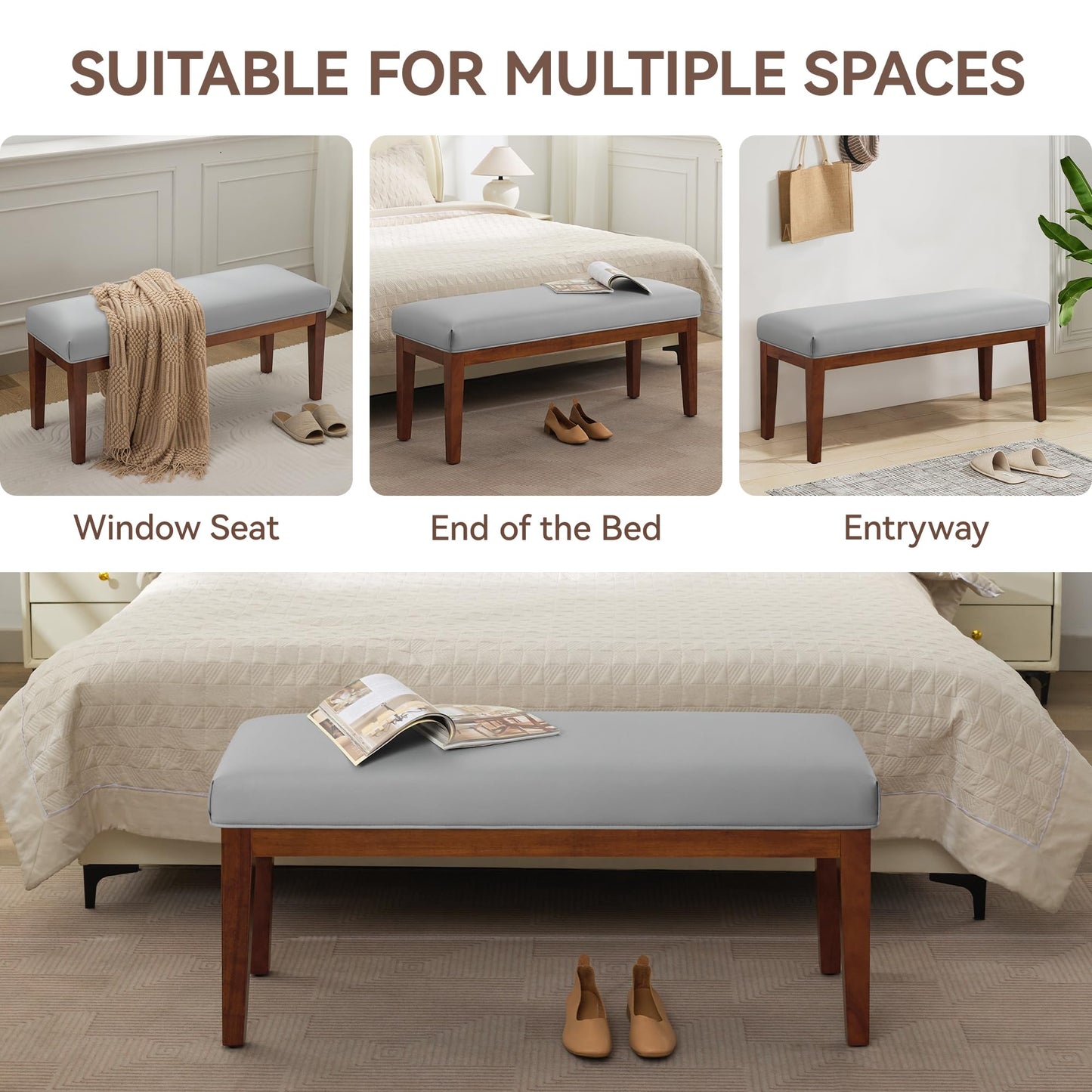 43.5'' Faux Leather Bedroom Bench, Upholstered End of Bed Bench, Padded Vintage Dining Bench, Entryway Bench with Solid Wood Legs, Kitchen, Living Room, Hallway, Grey
