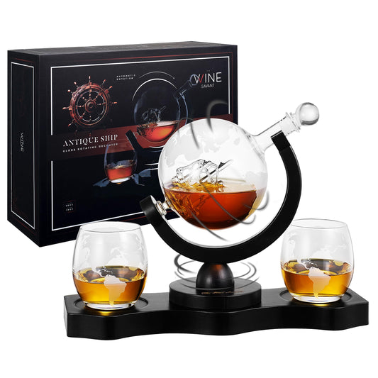 Whiskey Decanter Rotating Globe Set with 2 Etched Whiskey Glasses - Gifts Men Dad, Anniversary Birthday House Warming, Liquor Scotch Bourbon Vodka Gift Him Husband 850ml Ship Decanters, Electronic Set