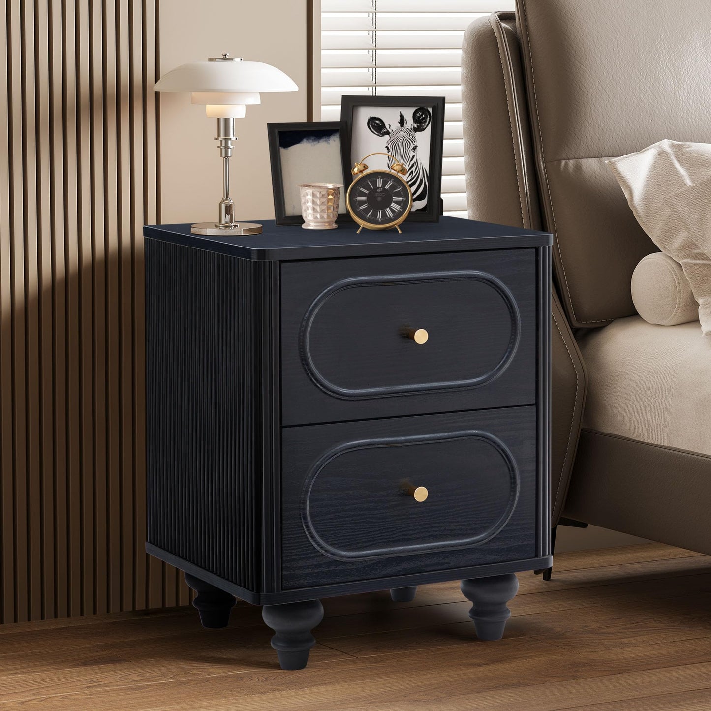 2 Drawer Fluted Nightstand Set of 2, Mid Century Modern Farmhouse Night Stand Small End Table Bedside Table for Bedroom, Living Room, Black