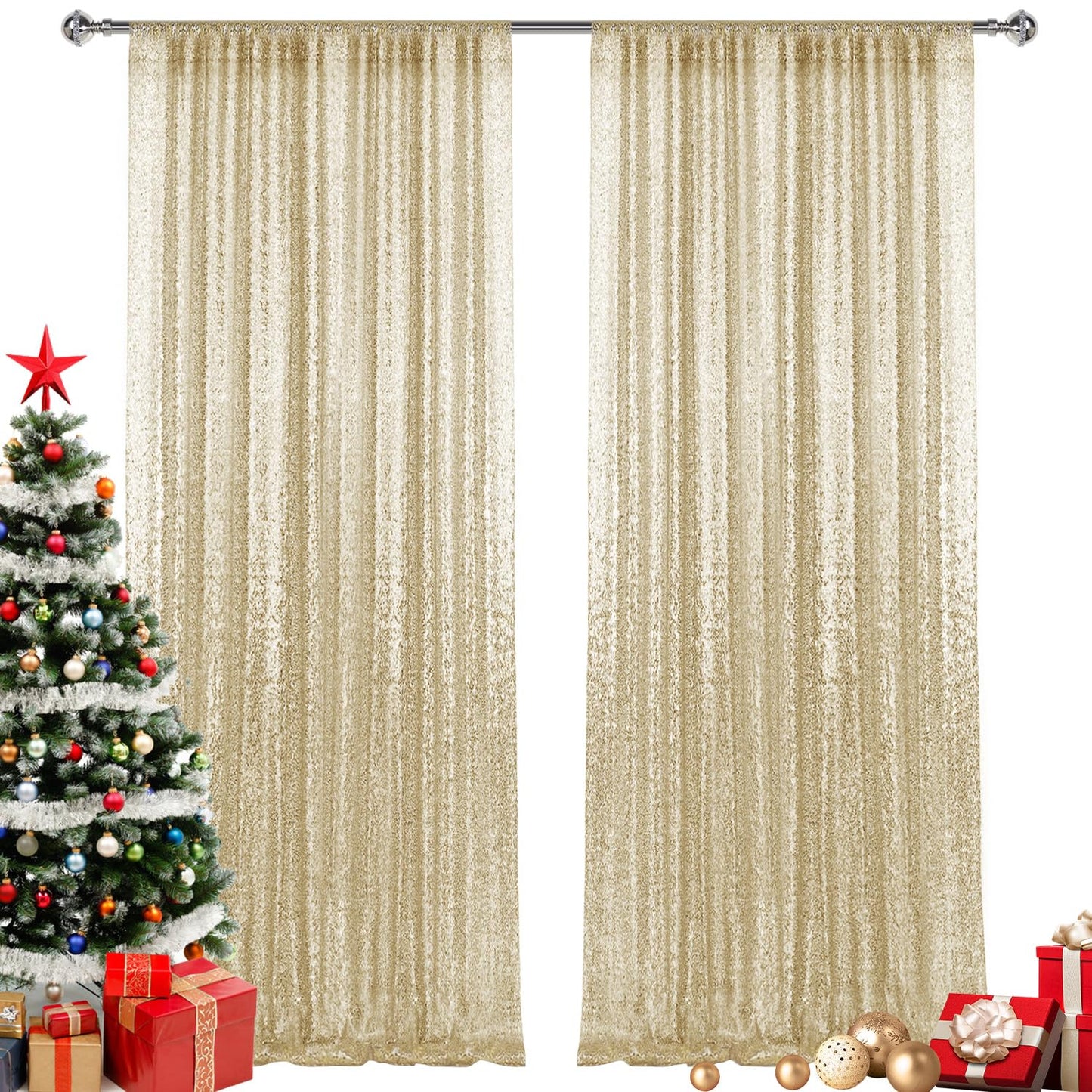 2×8FT-2PCS Champagne Gold Sequin Backdrop Curtains Panels, Photography Backdrop Glitter Curtains Fabric Background for Christmas Wedding Party Decor