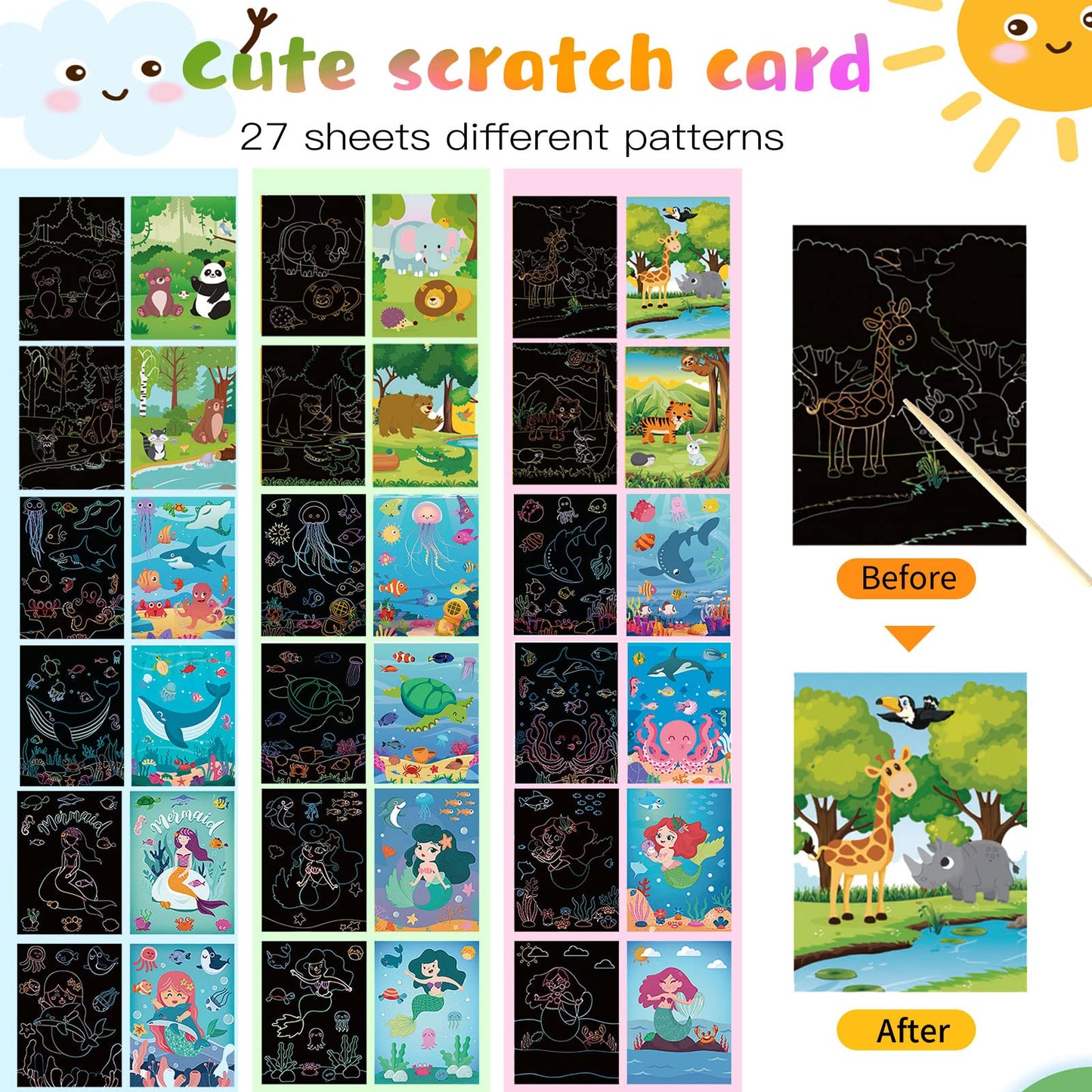 3Set Scratch Paper Art for Kids, Colorful Magic Drawing Book for Children Girls, Rainbow Scratch Off Craft Painting Book with 3 Scratch Pen for Birthday Party Games, DIY Projects Kits Craft Gifts