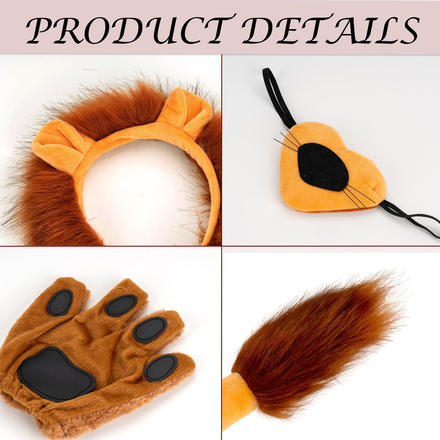 5 Pcs Lion Costume Set Lion Ears Headband Tail Paw Gloves Nose Bow Tie Halloween Lion Cosplay Party Dress Up Accessories