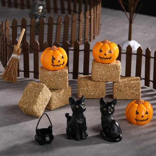 Wesiti 14 Pcs Halloween Village Accessories Set Halloween Miniature Figurines Included Pumpkins, Black Cat, Hay Bales, Witch Pot, Broom and Fence for Hallowmas Dollhouse Tabletop Party Decor