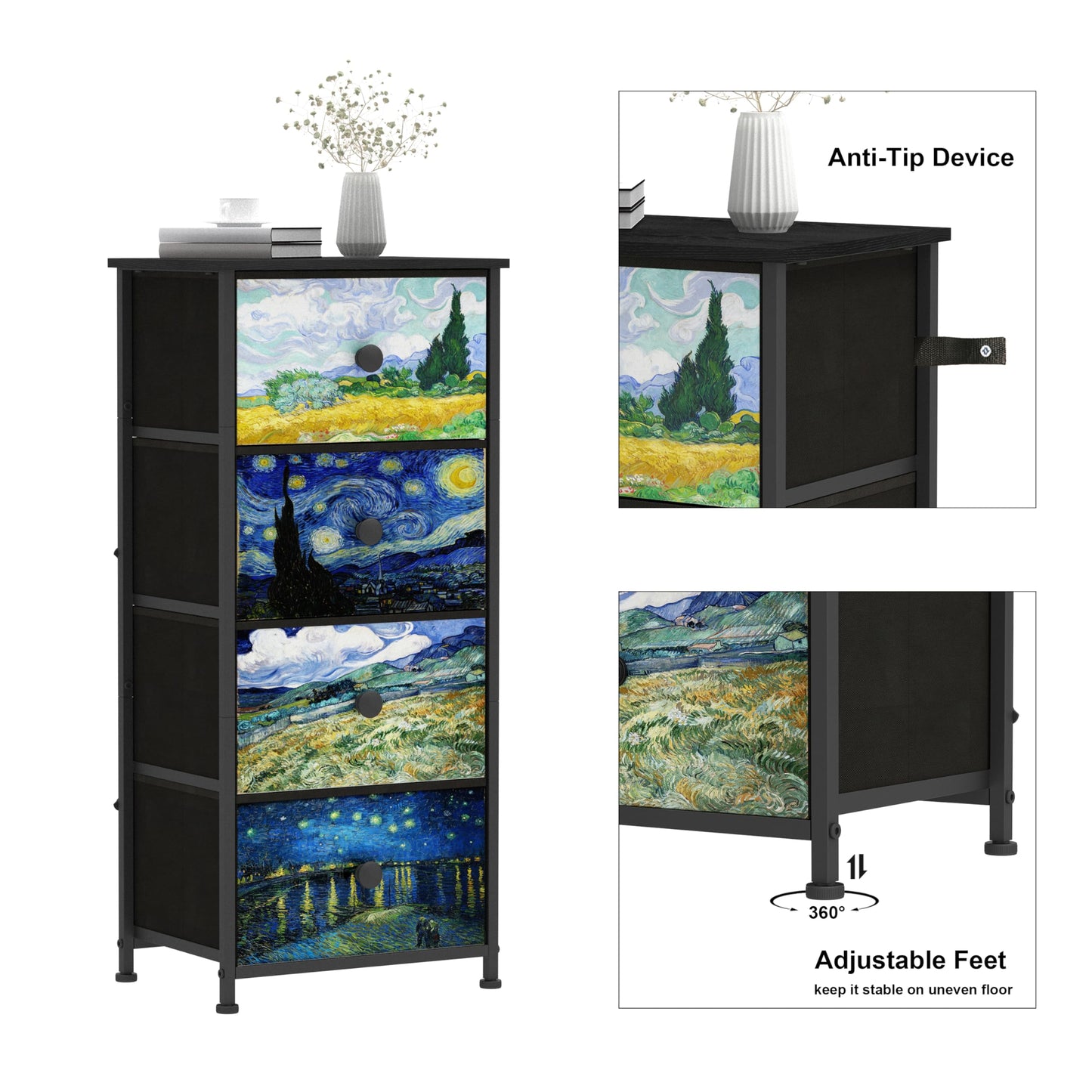 Welfuturer Narrow Dresser for Bedroom Slim 4 Drawer Dresser Vertical Storage Tower Unit for Living Room Hallway Kids Room Nursery Closet Sturdy Steel Frame Wooden Top Easy Pull Handle