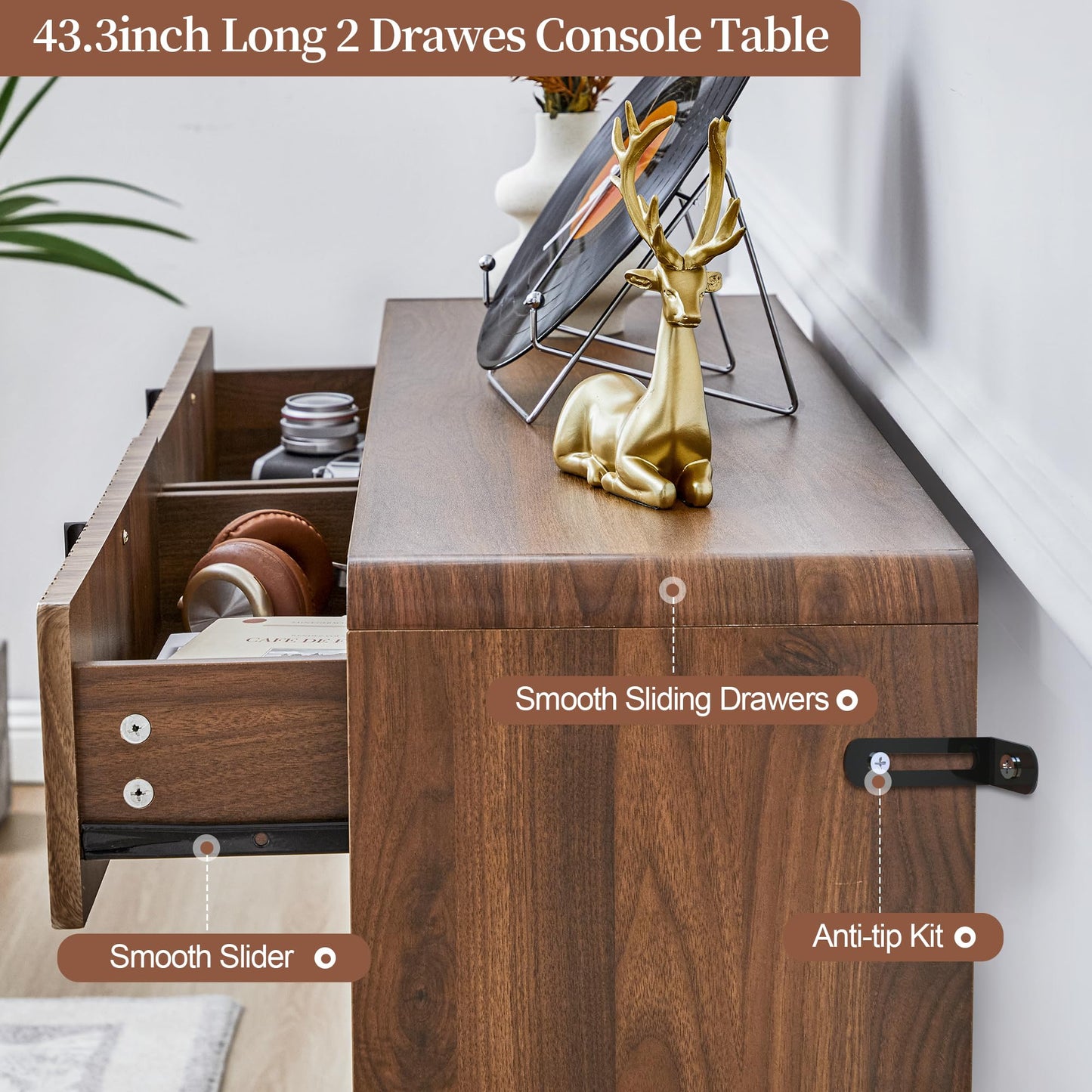 43.3" Narrow Console Table with 2 Drawer,Brown Fluted Entryway Table with Storage,Slim Long Sofa Table for Living Room,Hallway Entrance Foyer