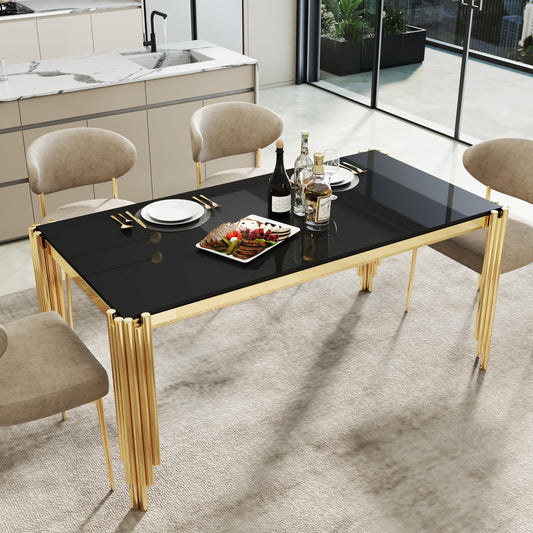 65" Glass Dining Table,Black Tempered Glass Kitchen Tabe with Gold Legs,Golden Dinner Table for 4-6,Rectanglar Modern Dining Table for Apartment,Dining &Kitchen Room(Table Only)
