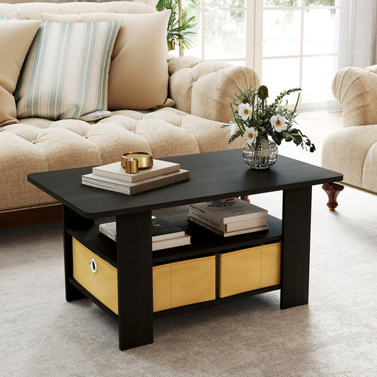 VPSMAT Coffee Table for Living Room, Modern Center Tables with Storage Bin, 2-Tier Coffee Table for Living Room Apartment Home Office Dark/Light Brown.