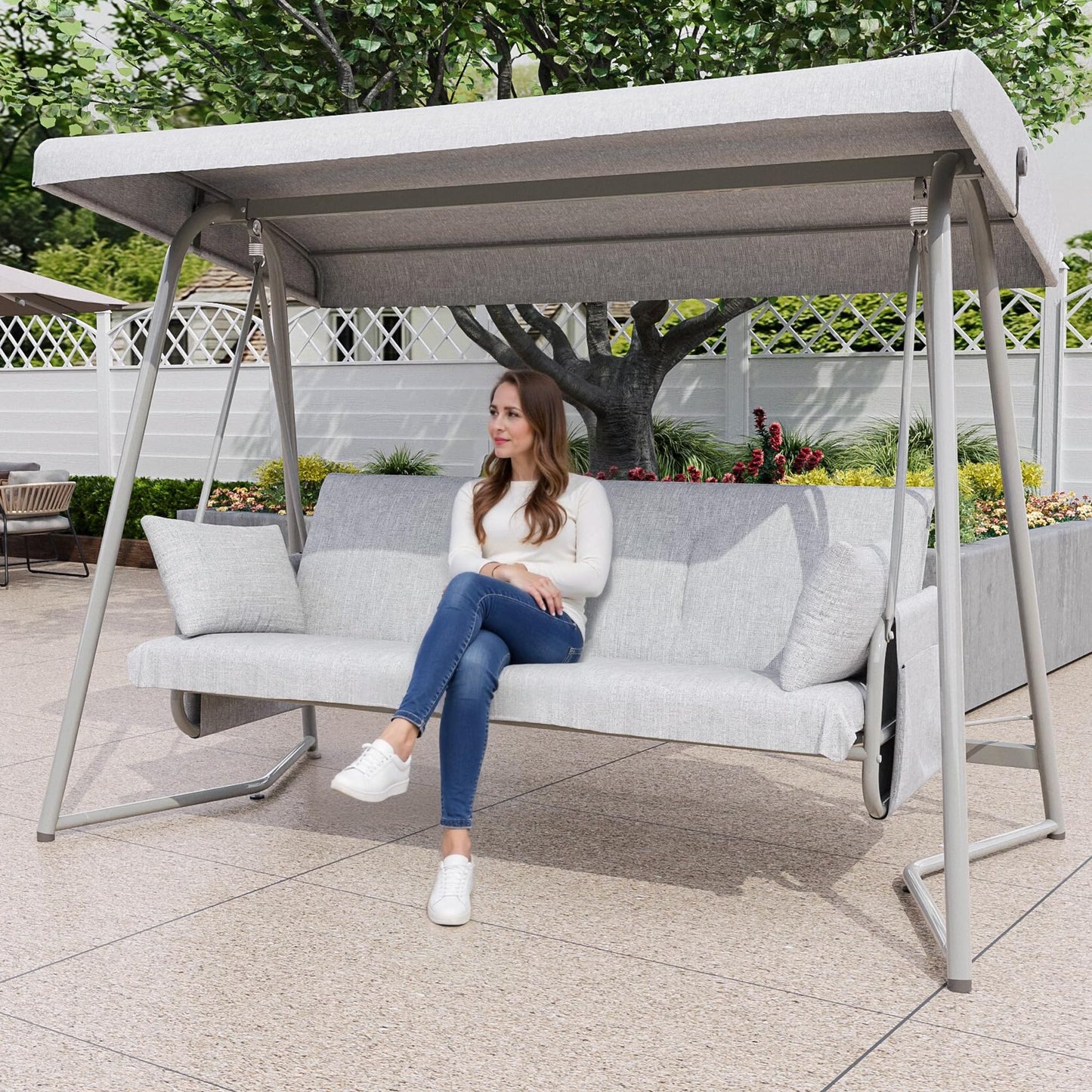 3-4 Seat Outdoor Porch Swing with Adjustable Canopy Patio Swing Bed with Stand Large Swing Glider Bench Chair Outside 770 lbs with Removable Cushions for Yard Garden Poolside Balcony (Champagne)