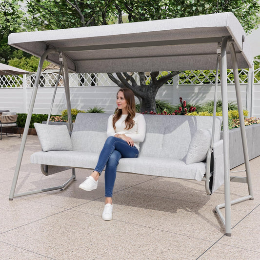 3-4 Seat Outdoor Porch Swing with Adjustable Canopy Patio Swing Bed with Stand Large Swing Glider Bench Chair Outside 770 lbs with Removable Cushions for Yard Garden Poolside Balcony (Champagne)