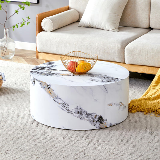27.5" Round Coffee Table, Modern White Marble Coffee Tables for Living Room, Faux Marble Wooden Circle Center Table Accent Cocktail Tea Tables for Apartment Home Office, No Assembly