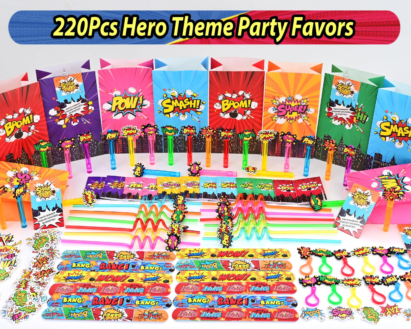 220PCS Hero Party Favors Kit – Birthday Supplies Includes Goodies Bags, Straws, Bubble Wands, Notebook & More – Perfect for Party Decorations & Pinata Fillers
