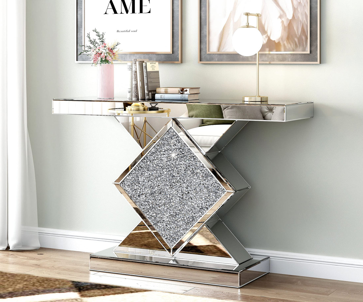47.2'' Silver Console Table, Modern Entryway Tables with Diamond Shaped Mirror Finished, Glam Long Accent Narrow Table, Glass Sofa Table Foyer Table for Living Room Hallway Entrance