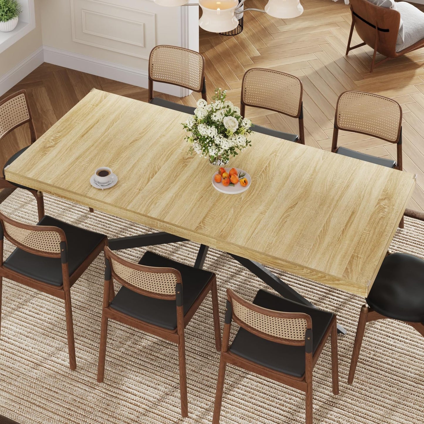 59In-78Inch Extendable Rectangular Dining Table for 6 8 People, Wood Long Dining Room Table W/Removable Leaves,Space Saving,Modern Dinner Table W/Waterproof Tabletop&Metal Legs for Kitchen Living Room