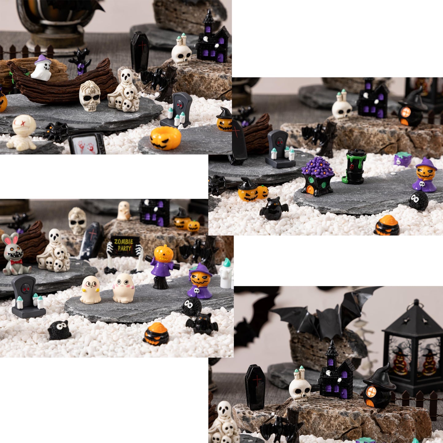 34pcs Mini Halloween Figurines-34 Styles Halloween Miniatures Resin Skull Tombstone Pumpkin Decoration Mini Figures to Hide Dollhouse Miniatures