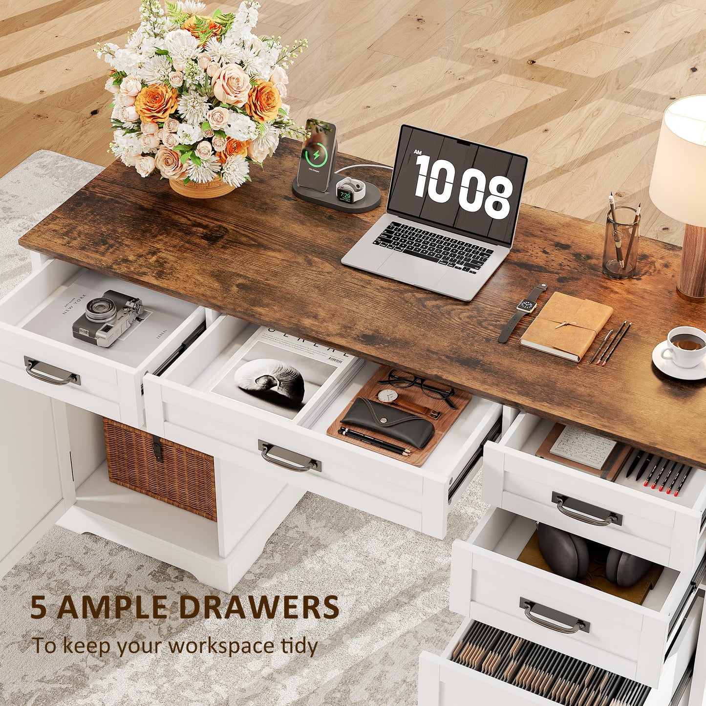 Whalefall 55'' Farmhouse Desk Home Office with Drawers, Executive Computer Desk Wooden with File Cabinet and Charging Station, White