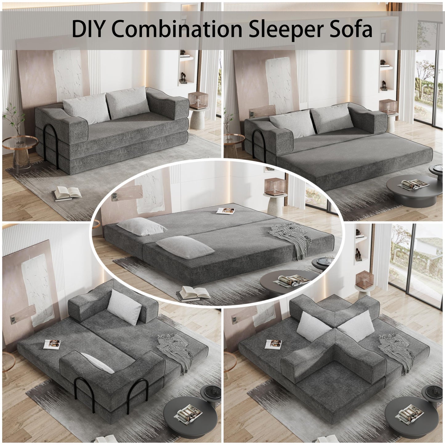 80" King Size Convertible Sofa Bed Sleeper, Foldable Futon Couch with Memory Foam & 2 Pillows, Chenille Fabric Modular Loveseat for Small Spaces, Apartment, Living Room, Studio (Gray, 80in)