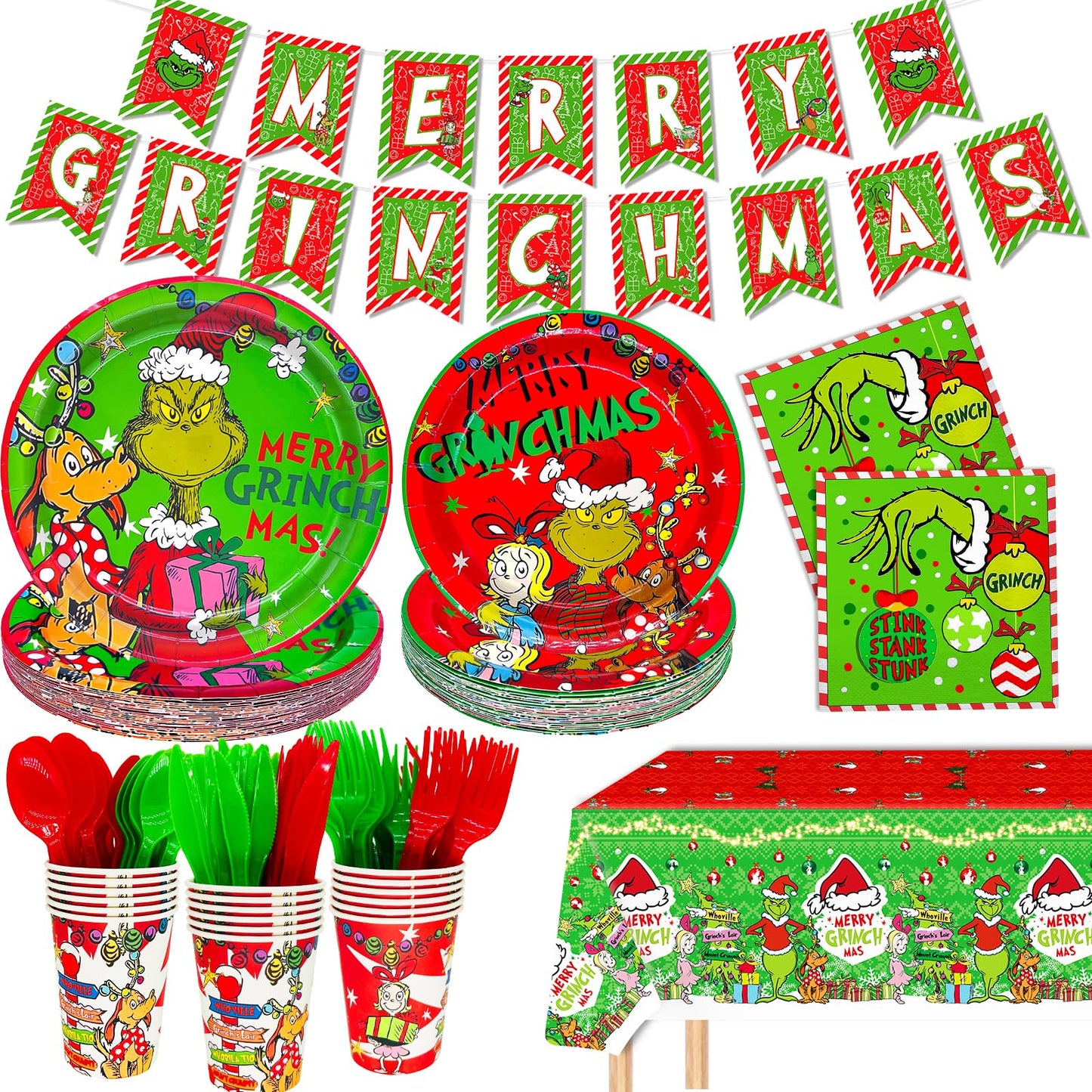 185Pcs Christmas Party Supplies Tableware Set - Merry Christmas Decorations Plates and Napkins for Happy Holidays Party Decorations