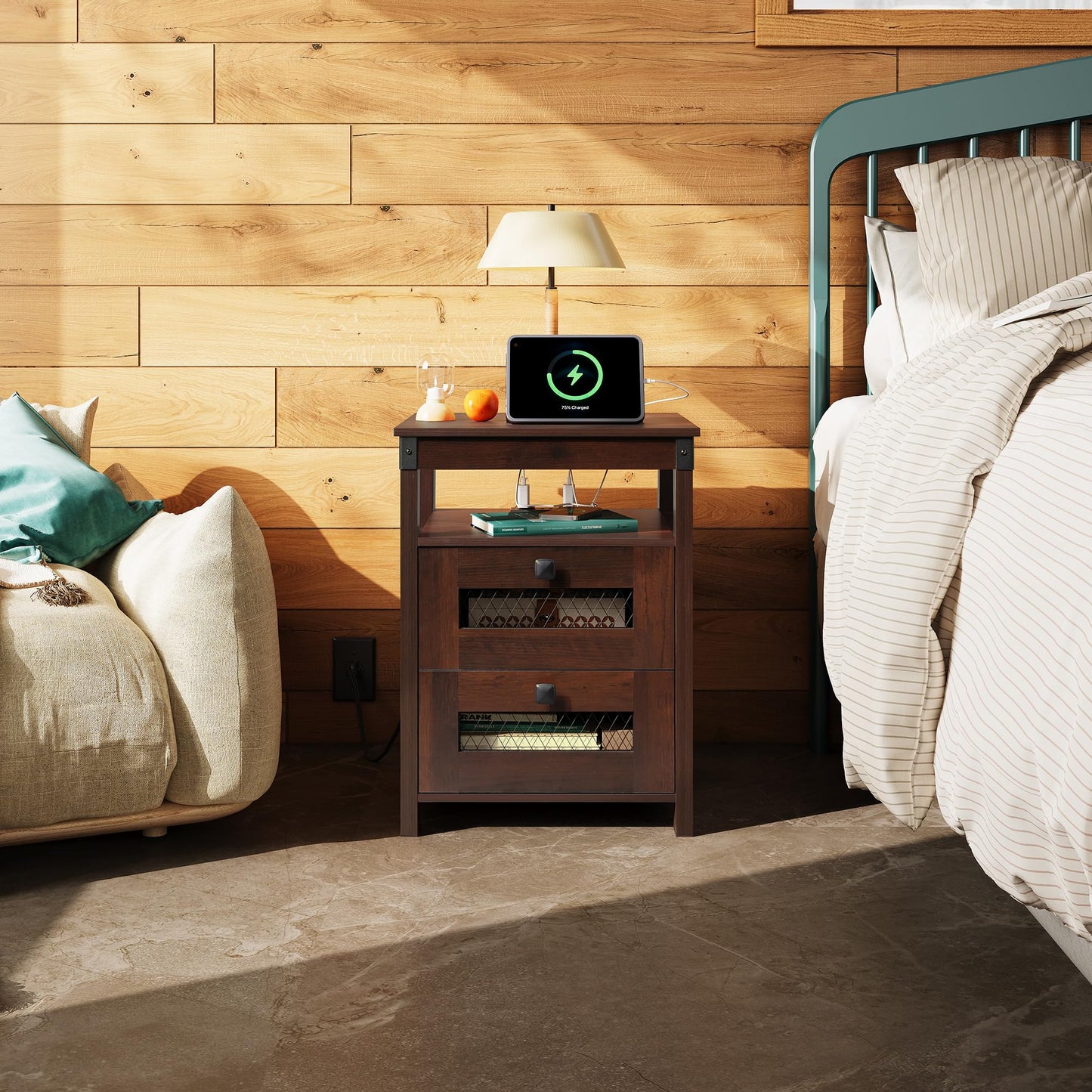 WLIVE Side Table with Charging Station, Farmhouse End Table, Bed Side Table with 2 Mesh Drawers Storage & Open Shelf, Rustic Wooden Cabinet Night Stand for Bedroom, Living Room, Espresso