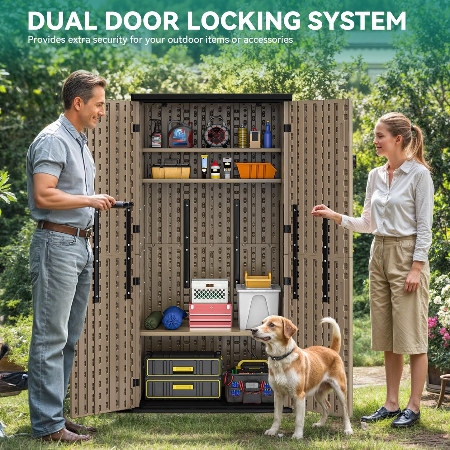 YITAHOME Outdoor Storage Cabinet with 4 Shelves, Waterproof Resin Vertical Tool Shed, Lockable 30 cu. ft. Storage Shed for Patio, Garden, Yard, Brown