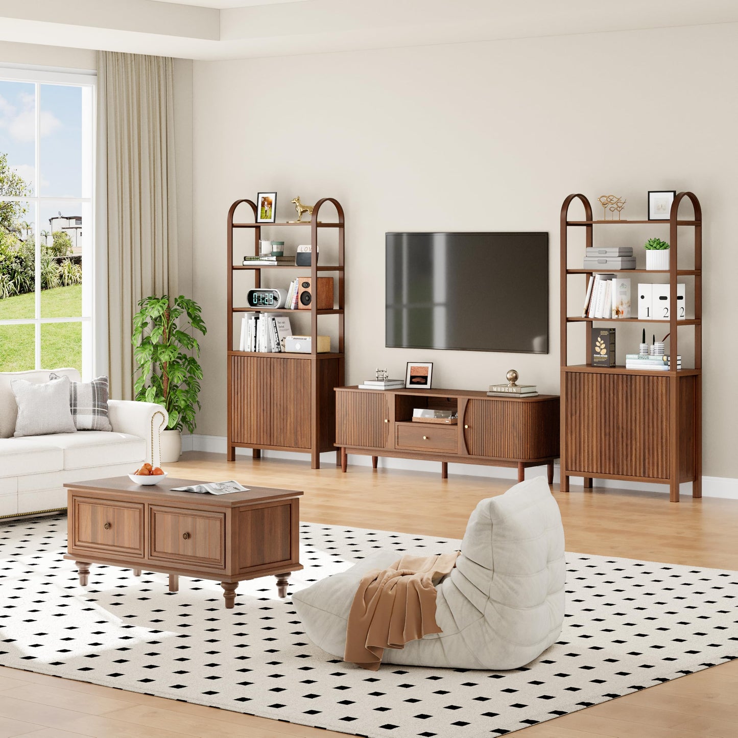 71” Tall Arched Bookshelf Storage with Fluted Doors, Mid Century Modern 6 Tier Bookshelves, Freestanding Bookcase Cabinet with Open Display Storage Shelf for Living Room Home Office Bedroom, Walnut