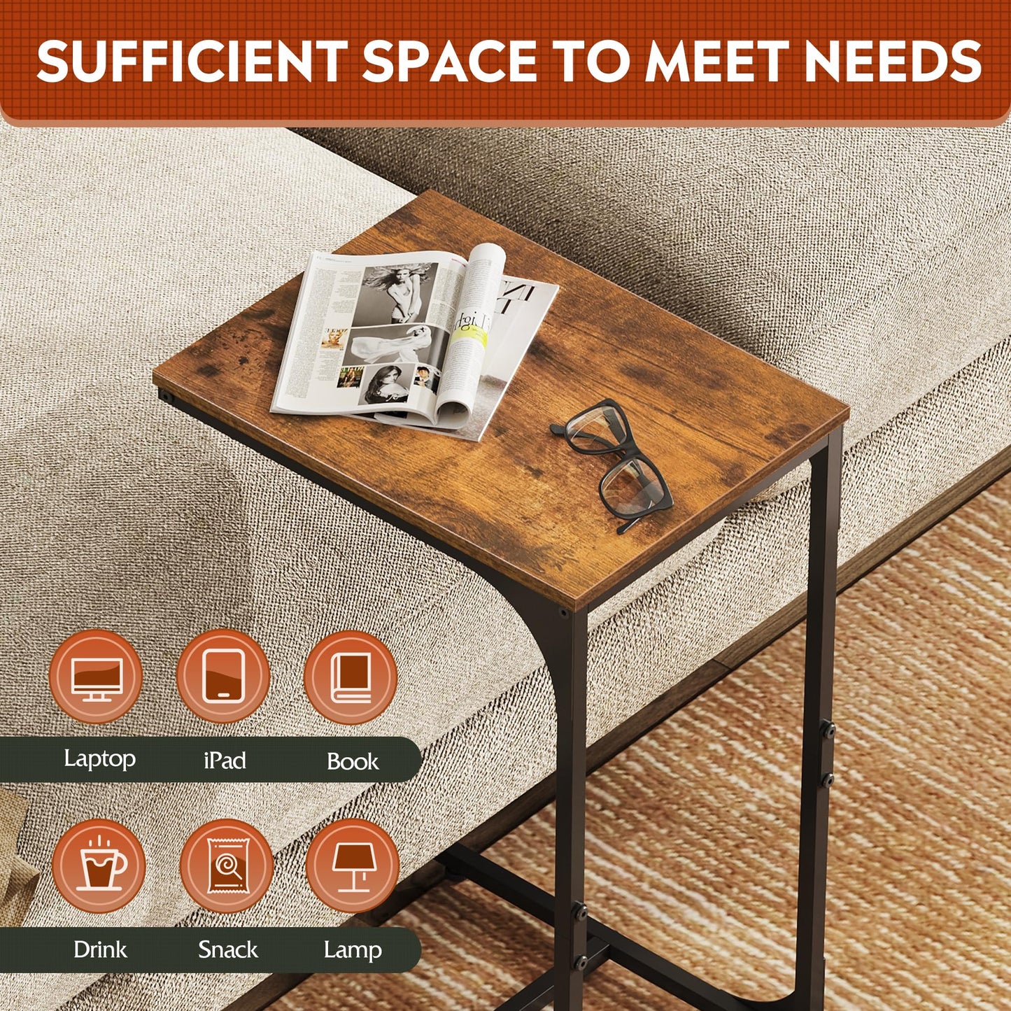 WLIVE C Shaped End Table, Small Couch Side Tables with Metal Frame That Slide Under, Sofa Table TV Tray for Living Room, Bedroom, Rustic Brown