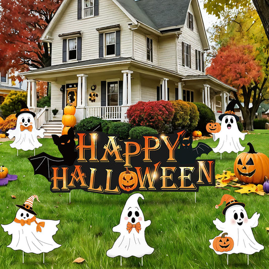 Woosytoo 6Pcs Cute Ghost Halloween Yard Signs with Stakes, Multicolor, Plastic, 14 Stakes, Lawn Signs, Happy Halloween