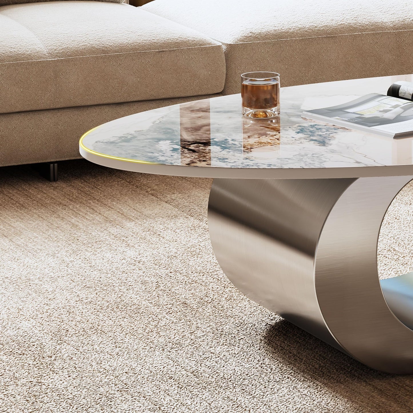 49.2" Oval Coffee Table Modern White Faux Marble Coffee Tables for Living Room Luxury Center Table Accent Cocktail Tea Table with Silver Geometric Stainless Steel Base for Home Office