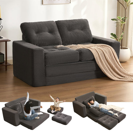 Afuson 61" Convertible Sofa Bed, Pull Out Loveseat Sleeper Sofa, 3 in 1 Folding Futon Bed, Fold Out Floor Bed Sofa with Pillows for Living Room Bedroom Lounge Guest Room, Corduroy, Grey